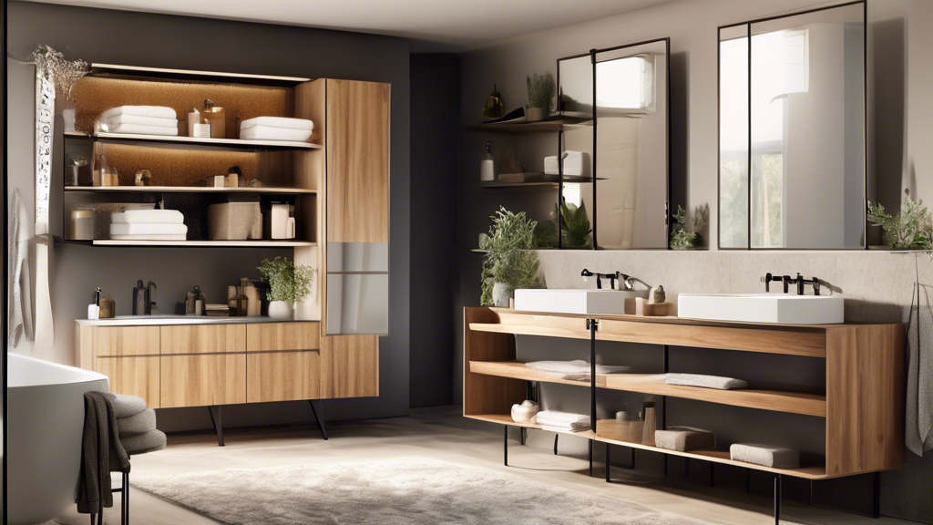 A cozy, modern bathroom with a variety of stylish cabinets on display. Each cabinet features different finishes and designs, including sleek metal handles,