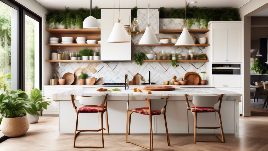 A modern kitchen featuring sleek white cabinets and a marble island, contrasting with a rustic wooden dining table and antique chairs, luxurious pendant li