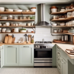 A beautifully designed small kitchen with clever storage solutions, featuring wall-mounted shelves, magnetic knife strips, pull-out pantry shelves, multi-t