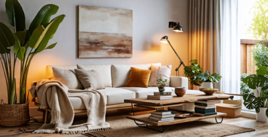 Create a warm and inviting living room scene with a mix of modern and rustic elements. Include a comfortable sofa with plush cushions and a soft throw blan