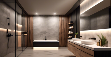 Create an image depicting a sleek, contemporary bathroom showcasing a variety of modern bathroom mirror designs. Include round, backlit mirrors with LED li