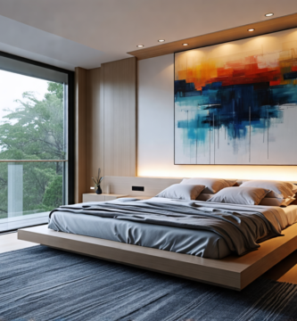 A beautifully designed modern bedroom with a sleek minimalist aesthetic, featuring a cozy platform bed with luxurious bedding, floating nightstands, ambien