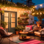 A cozy balcony transformed with string lights, potted plants, comfortable outdoor furniture with colorful cushions, a small bistro table set with a coffee