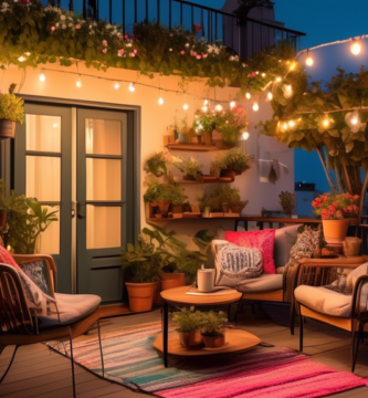 A cozy balcony transformed with string lights, potted plants, comfortable outdoor furniture with colorful cushions, a small bistro table set with a coffee