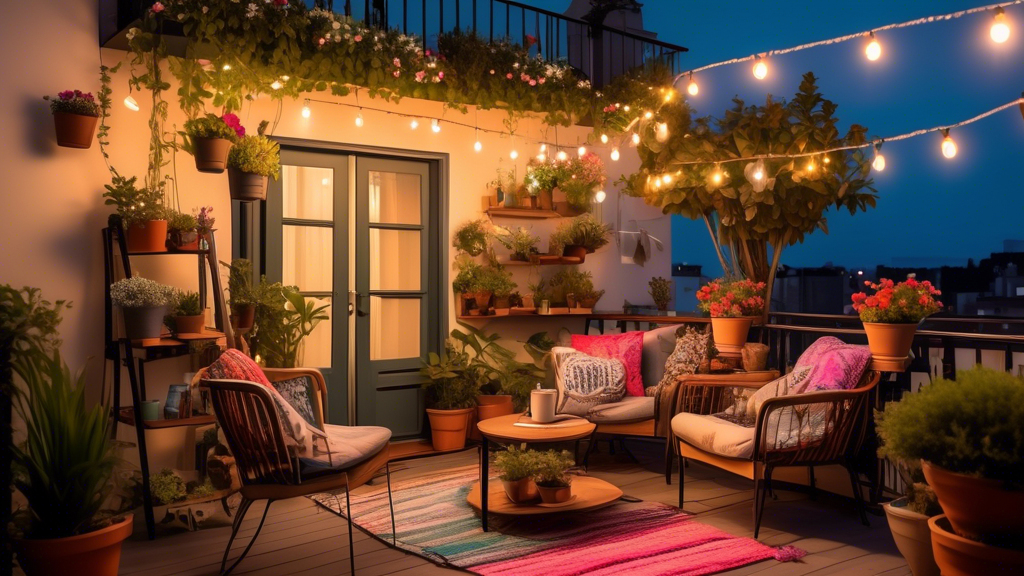 A cozy balcony transformed with string lights, potted plants, comfortable outdoor furniture with colorful cushions, a small bistro table set with a coffee