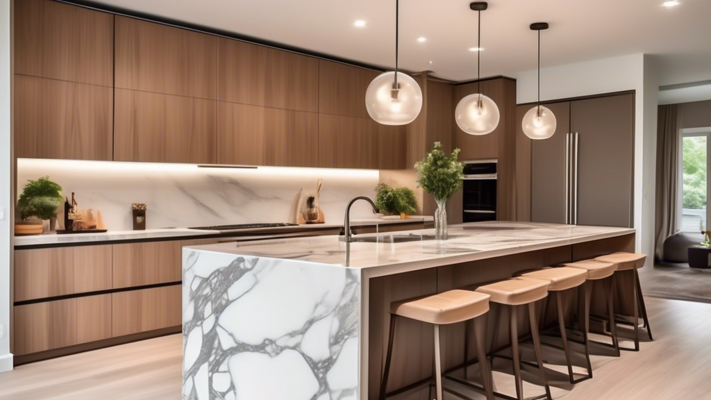 A modern home interior featuring a stylish, elegant fitted kitchen with sleek, minimalist cabinetry, high-end stainless steel appliances, a spacious kitche