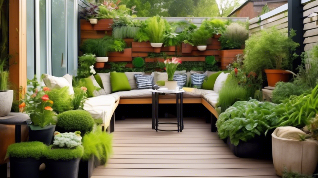 A beautiful home garden featuring a variety of design ideas, such as vertical gardens on a small balcony, a cozy patio with container plants, a spacious ba