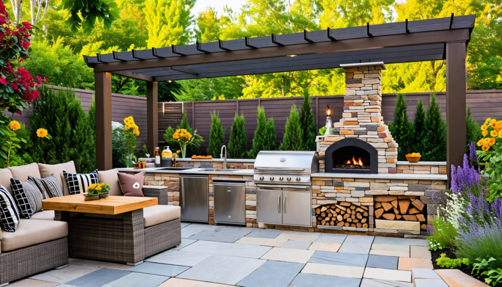 A beautifully landscaped backyard featuring a modern outdoor kitchen. The kitchen includes a sleek stainless steel grill, a stone countertop with a sink, a