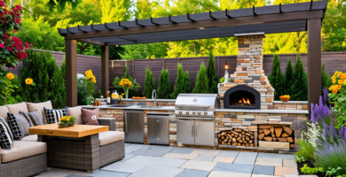 A beautifully landscaped backyard featuring a modern outdoor kitchen. The kitchen includes a sleek stainless steel grill, a stone countertop with a sink, a