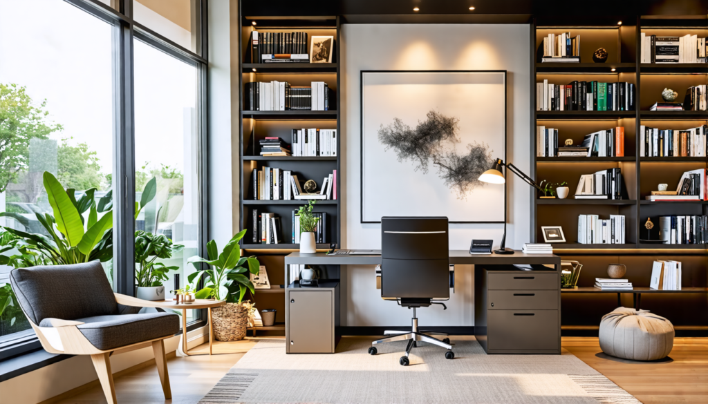 A beautifully designed home office featuring a sleek, modern desk with a high-end computer setup, surrounded by floor-to-ceiling bookshelves filled with bo