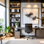 A beautifully designed home office featuring a sleek, modern desk with a high-end computer setup, surrounded by floor-to-ceiling bookshelves filled with bo