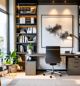 A beautifully designed home office featuring a sleek, modern desk with a high-end computer setup, surrounded by floor-to-ceiling bookshelves filled with bo