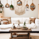 A cozy living room with a DIY touch: handmade macrame wall hangings, painted mason jars used as vases, decorated throw pillows, string lights draped around