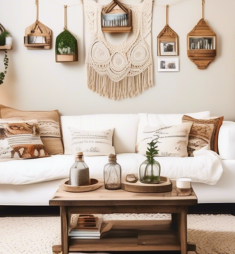 A cozy living room with a DIY touch: handmade macrame wall hangings, painted mason jars used as vases, decorated throw pillows, string lights draped around