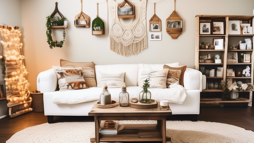 A cozy living room with a DIY touch: handmade macrame wall hangings, painted mason jars used as vases, decorated throw pillows, string lights draped around