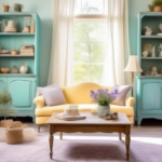 A cozy living room with vintage-style furniture featuring a vibrant DIY chalk paint makeover. A worn-out wooden dresser is now a stunning teal color with a