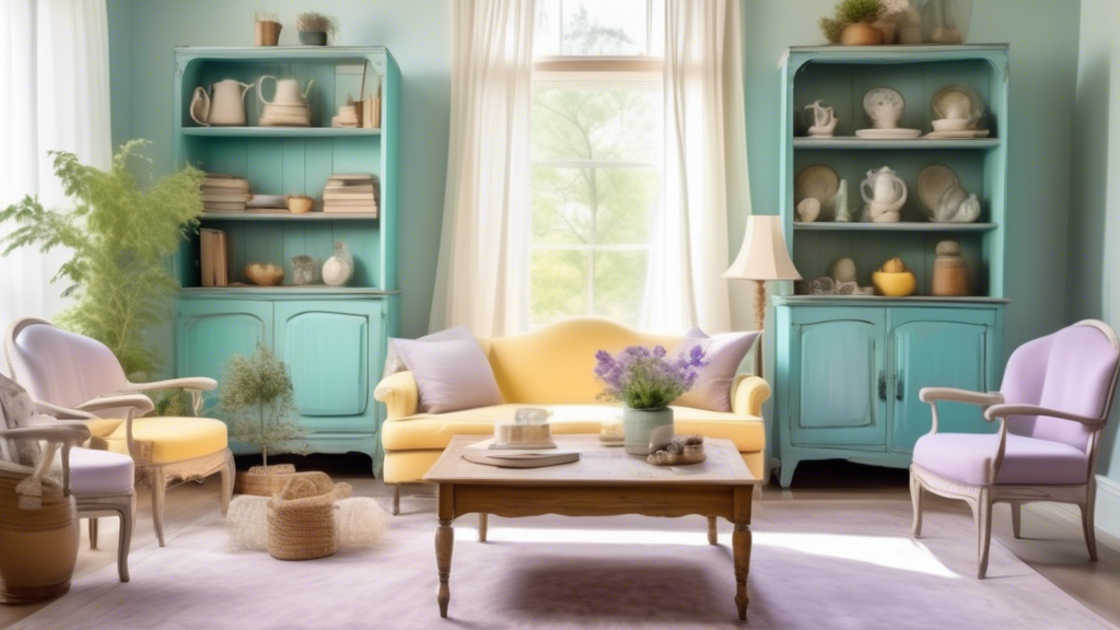 A cozy living room with vintage-style furniture featuring a vibrant DIY chalk paint makeover. A worn-out wooden dresser is now a stunning teal color with a