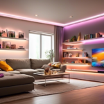 Create a cozy and modern living room scene showcasing a transformation with LED home lighting. The room should feature a sleek mix of furniture, with LED s