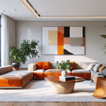 Create a stylish modern living room that features sleek furniture, minimalist decor, large windows with natural light pouring in, a neutral color palette w