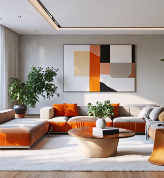 Create a stylish modern living room that features sleek furniture, minimalist decor, large windows with natural light pouring in, a neutral color palette w