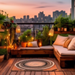 A cozy balcony adorned with lush green plants, string lights creating a warm ambiance, vibrant outdoor pillows and cushions on a wooden bench, a small coff