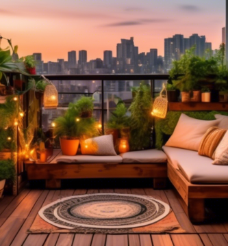 A cozy balcony adorned with lush green plants, string lights creating a warm ambiance, vibrant outdoor pillows and cushions on a wooden bench, a small coff