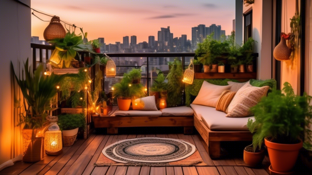 A cozy balcony adorned with lush green plants, string lights creating a warm ambiance, vibrant outdoor pillows and cushions on a wooden bench, a small coff