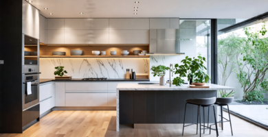 A sleek, modern kitchen with minimalist cabinets, an island featuring a built-in stove and seating area, stainless steel appliances, and under-cabinet ligh