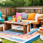 A bright and inviting backyard scene featuring stylish homemade outdoor furniture. Highlight a variety of DIY pieces, such as a wooden picnic table, a cozy