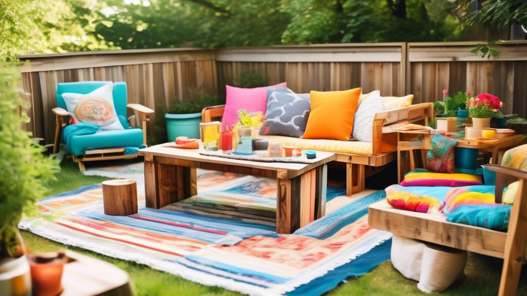 A bright and inviting backyard scene featuring stylish homemade outdoor furniture. Highlight a variety of DIY pieces, such as a wooden picnic table, a cozy