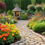 Create a vibrant and colorful home garden filled with a variety of plants and flowers, neatly arranged in an aesthetically pleasing design. Include pathway