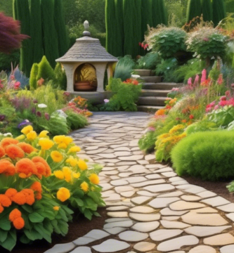 Create a vibrant and colorful home garden filled with a variety of plants and flowers, neatly arranged in an aesthetically pleasing design. Include pathway