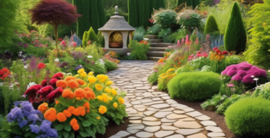 Create a vibrant and colorful home garden filled with a variety of plants and flowers, neatly arranged in an aesthetically pleasing design. Include pathway