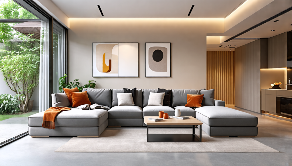 A modern living room showcasing a stylish sofa bed that seamlessly transforms into a comfortable bed. The space is designed to be functional and versatile,