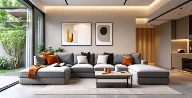 A modern living room showcasing a stylish sofa bed that seamlessly transforms into a comfortable bed. The space is designed to be functional and versatile,