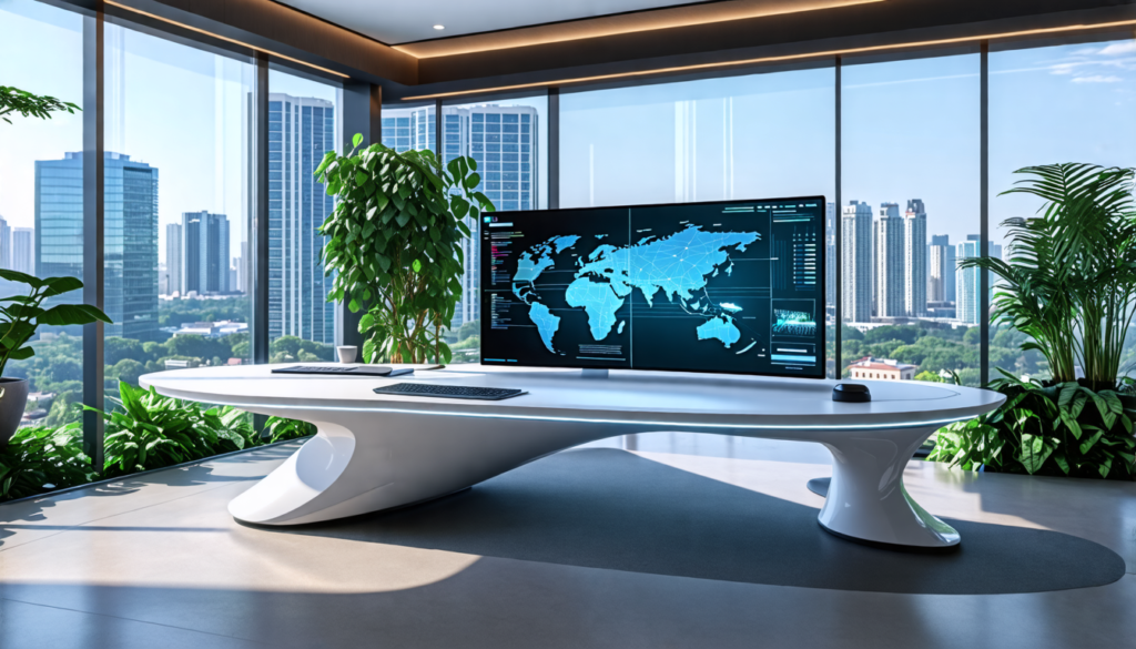 A futuristic home office with sleek, modern furniture, smart technology, and ergonomic design. The office features a large, curved monitor with a holograph