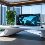 A futuristic home office with sleek, modern furniture, smart technology, and ergonomic design. The office features a large, curved monitor with a holograph