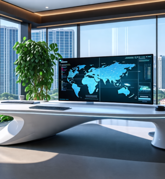 A futuristic home office with sleek, modern furniture, smart technology, and ergonomic design. The office features a large, curved monitor with a holograph