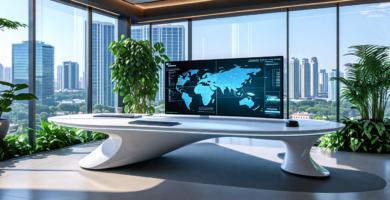 A futuristic home office with sleek, modern furniture, smart technology, and ergonomic design. The office features a large, curved monitor with a holograph