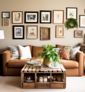 A cozy living room with a DIY feel: a coffee table made from wooden crates, decorative throw pillows with hand-painted designs, mason jar lamps, and a gall