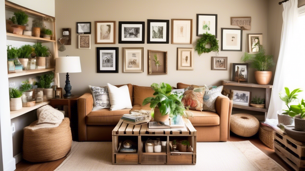 A cozy living room with a DIY feel: a coffee table made from wooden crates, decorative throw pillows with hand-painted designs, mason jar lamps, and a gall