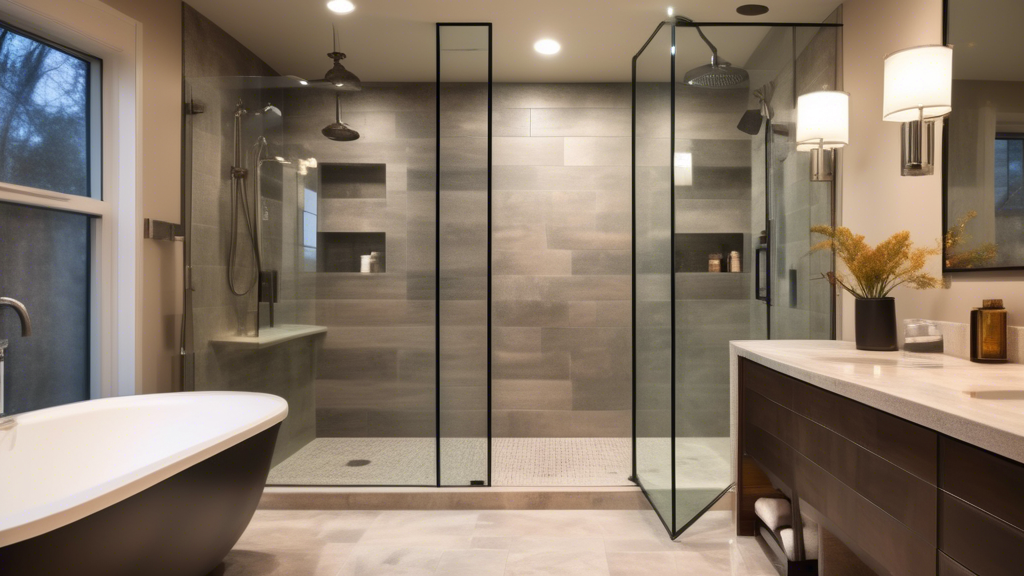 A modern and stylish bathroom shower with a glass enclosure, elegant tile designs, a rainfall showerhead, built-in shelving for storage, and ambient lighti